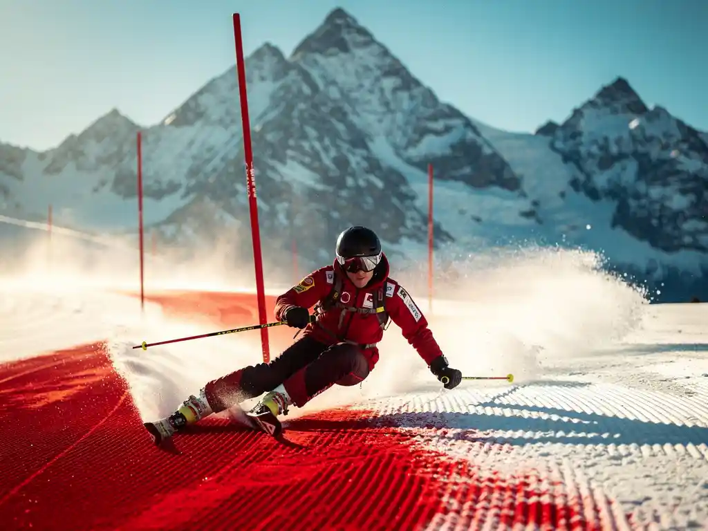 Skiër maakt een bocht op een verzorgde rode piste met Alpiene bergtoppen en strakblauwe lucht op de achtergrond.