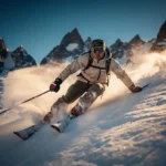Skiër in agressieve voorwaartse houding die een steile alpiene helling afsnijdt, met opspattende sneeuw en bergtoppen op de achtergrond.
