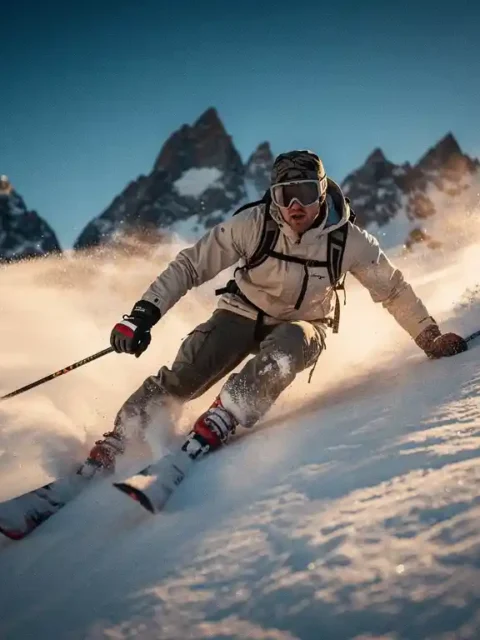 Skiër in agressieve voorwaartse houding die een steile alpiene helling afsnijdt, met opspattende sneeuw en bergtoppen op de achtergrond.