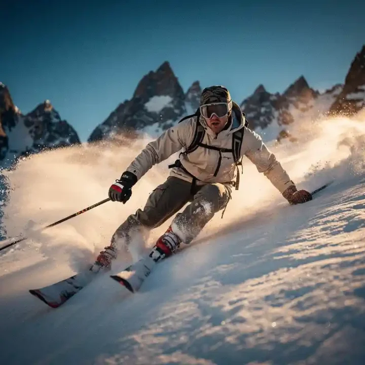 Skiër in agressieve voorwaartse houding die een steile alpiene helling afsnijdt, met opspattende sneeuw en bergtoppen op de achtergrond.