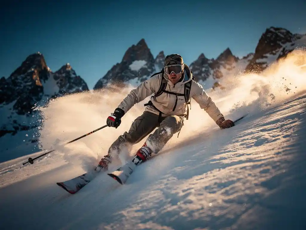 Skiër in agressieve voorwaartse houding die een steile alpiene helling afsnijdt, met opspattende sneeuw en bergtoppen op de achtergrond.