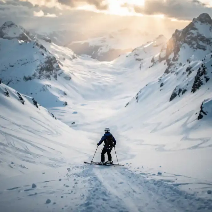 Skiër bovenaan een steile zwarte piste in de Alpen, uitkijkend over een besneeuwde couloir met scherpe bergtoppen op de achtergrond.
