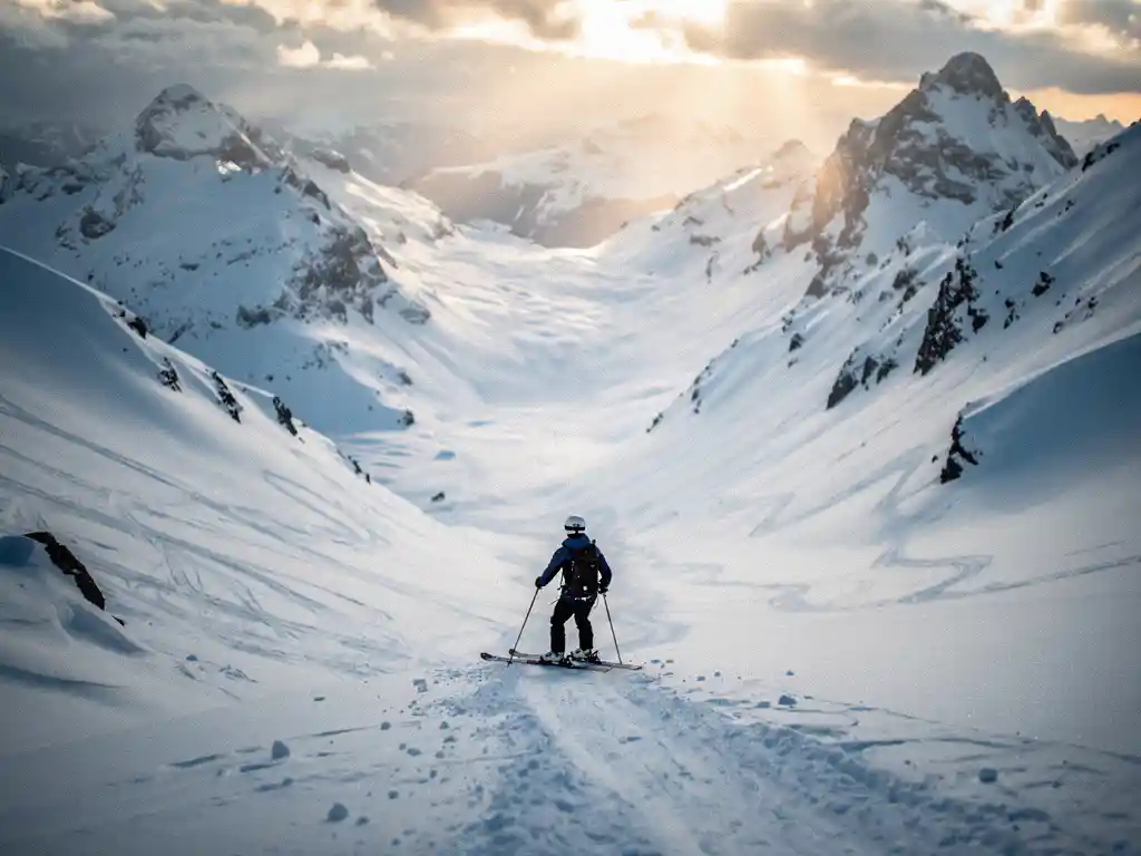 Skiër bovenaan een steile zwarte piste in de Alpen, uitkijkend over een besneeuwde couloir met scherpe bergtoppen op de achtergrond.