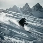 Skiër in zwart jack snijdt scherpe bochten op ijzige zwarte piste, sneeuwspray opwerpend, met alpine toppen onder grijze lucht.