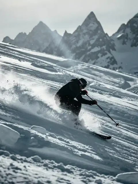 Skiër in zwart jack snijdt scherpe bochten op ijzige zwarte piste, sneeuwspray opwerpend, met alpine toppen onder grijze lucht.