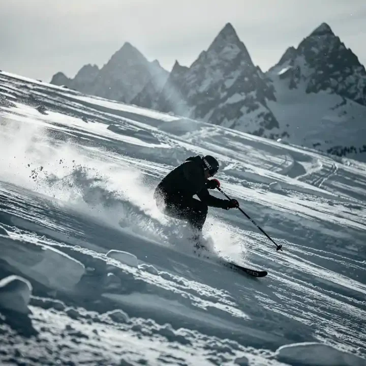 Skiër in zwart jack snijdt scherpe bochten op ijzige zwarte piste, sneeuwspray opwerpend, met alpine toppen onder grijze lucht.