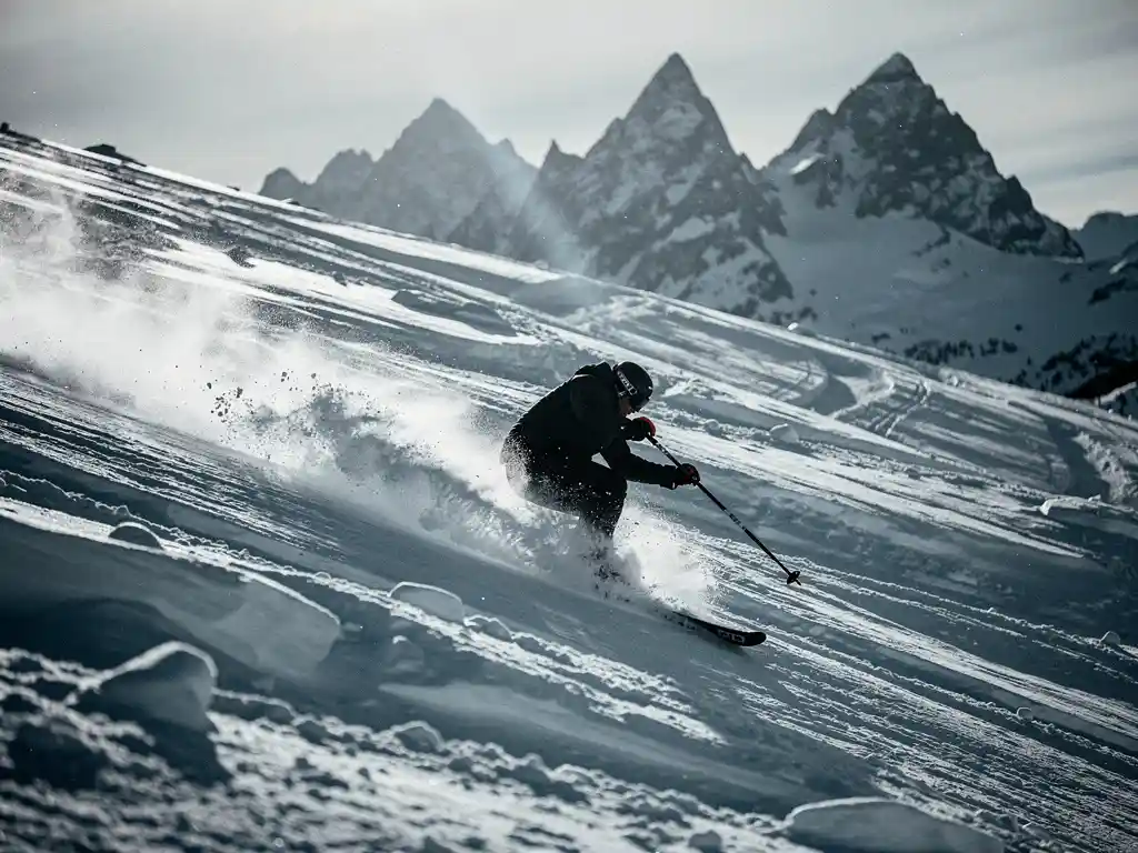 Skiër in zwart jack snijdt scherpe bochten op ijzige zwarte piste, sneeuwspray opwerpend, met alpine toppen onder grijze lucht.