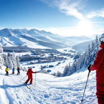 Ski-instructeur in rood jack wijst naar besneeuwde pistes in Winterberg onder strakblauwe hemel, waar beginners oefenen op een perfecte winterdag nabij Nederland.