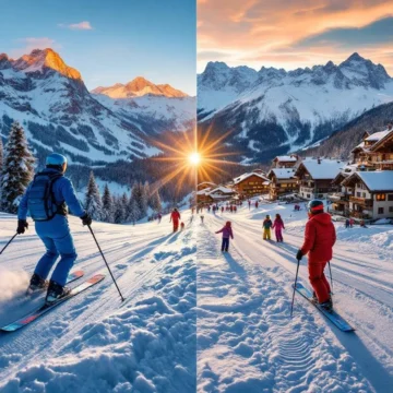 Contrasterende skigebieden bij zonsondergang: links steil Frans terrein met instructeur in blauw, rechts traditioneel Oostenrijks gebied met begeleiding in rood tegen Alpenpanorama.