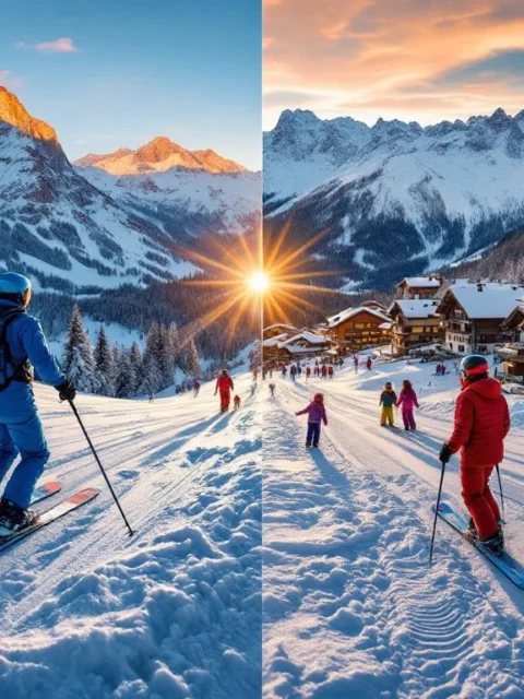 Contrasterende skigebieden bij zonsondergang: links steil Frans terrein met instructeur in blauw, rechts traditioneel Oostenrijks gebied met begeleiding in rood tegen Alpenpanorama.