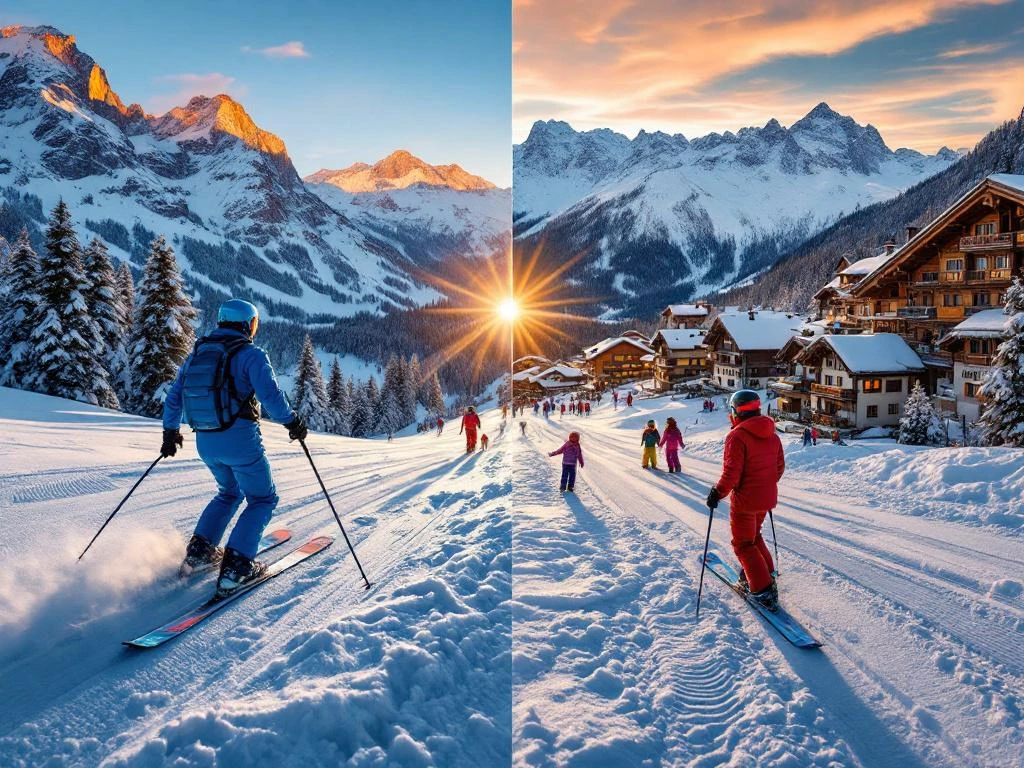 Contrasterende skigebieden bij zonsondergang: links steil Frans terrein met instructeur in blauw, rechts traditioneel Oostenrijks gebied met begeleiding in rood tegen Alpenpanorama.