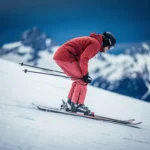 Skiër met verkeerde houding op verzorgde alpinepiste, onderrug gebogen en knieën verkeerd uitgelijnd, witte sneeuw en blauwe berglucht op achtergrond.