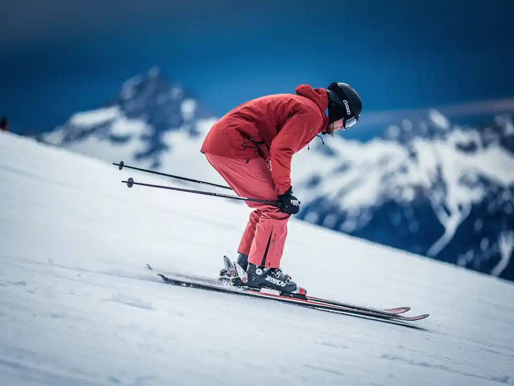 Skiër met verkeerde houding op verzorgde alpinepiste, onderrug gebogen en knieën verkeerd uitgelijnd, witte sneeuw en blauwe berglucht op achtergrond.