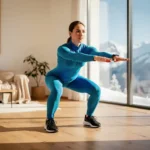 Persoon in elektrisch blauwe sportkleding oefent diepe skikniebuiging in lichte woonkamer met uitzicht op besneeuwde bergen.