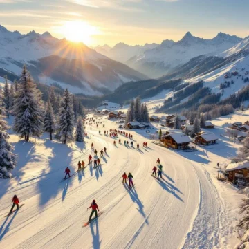 Skigroepen dalen af op besneeuwde hellingen van Maria Alm met instructeurs onder gouden ochtendzon en bergtoppen