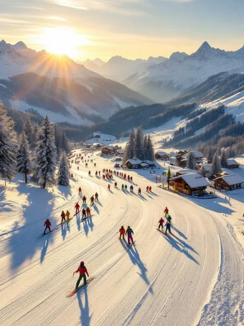 Skigroepen dalen af op besneeuwde hellingen van Maria Alm met instructeurs onder gouden ochtendzon en bergtoppen