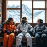 Professioneel uitgestalde skikleding volgens drielagensysteem met accessoires zoals helm en handschoenen in moderne skihut met bergzicht.