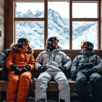 Professioneel uitgestalde skikleding volgens drielagensysteem met accessoires zoals helm en handschoenen in moderne skihut met bergzicht.