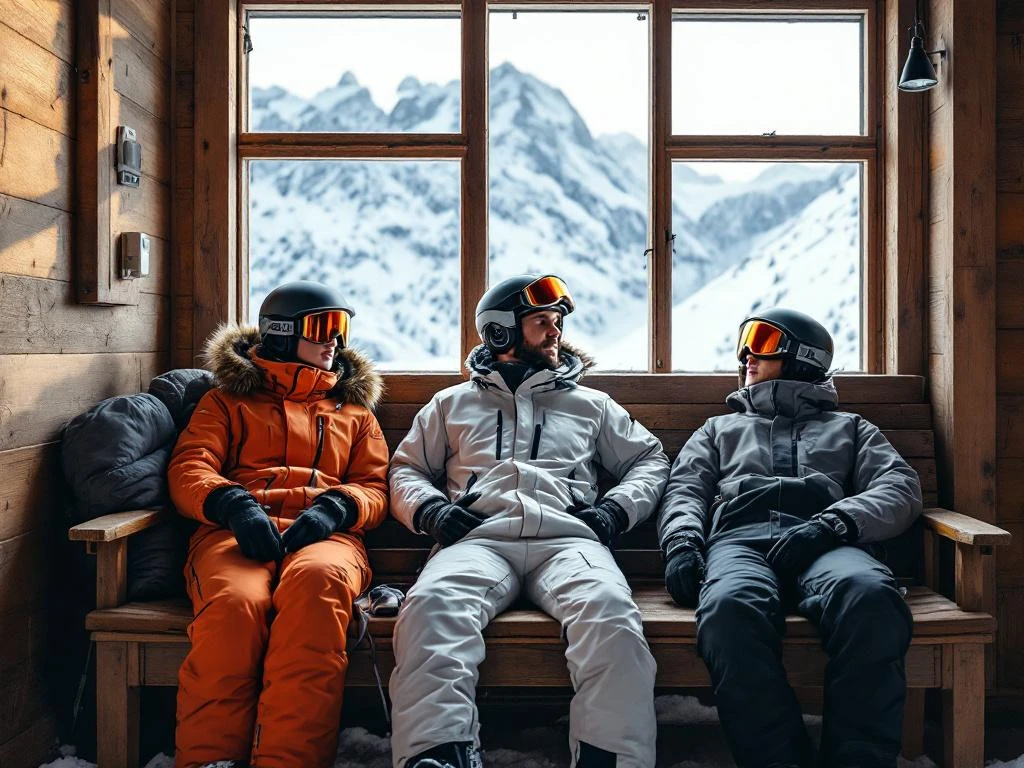 Professioneel uitgestalde skikleding volgens drielagensysteem met accessoires zoals helm en handschoenen in moderne skihut met bergzicht.