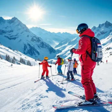 Skileraar in rood uniform met Nederlands vlagje geeft les aan kleine groep cursisten op zonnige Alpense piste met glinsterende sneeuw en majestueuze bergtoppen.
