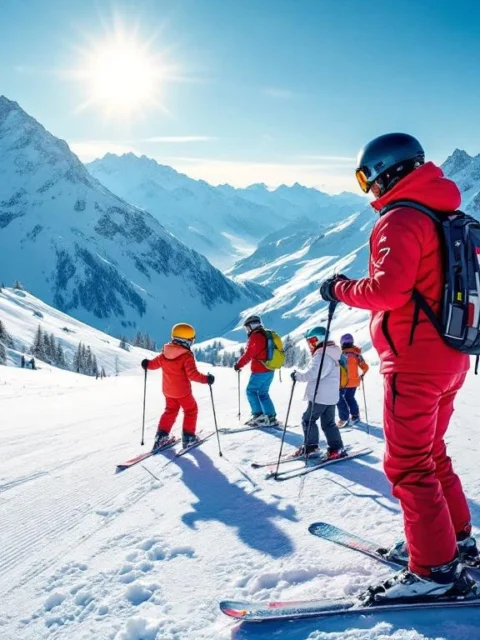 Skileraar in rood uniform met Nederlands vlagje geeft les aan kleine groep cursisten op zonnige Alpense piste met glinsterende sneeuw en majestueuze bergtoppen.