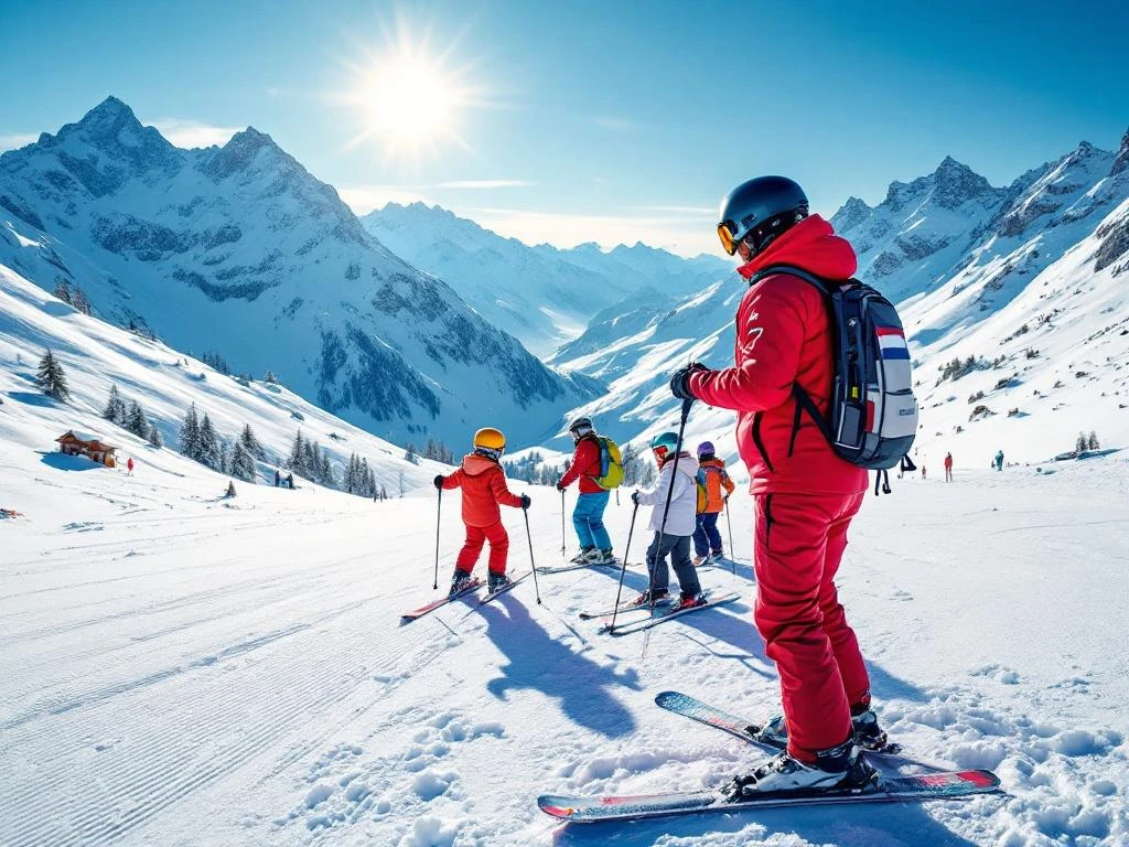 Skileraar in rood uniform met Nederlands vlagje geeft les aan kleine groep cursisten op zonnige Alpense piste met glinsterende sneeuw en majestueuze bergtoppen.