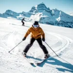 Ski-instructeur demonstreert sneeuwploeghouding met V-vormige ski's op verzorgde beginnersbaan, besneeuwde Alpentopen op de achtergrond.