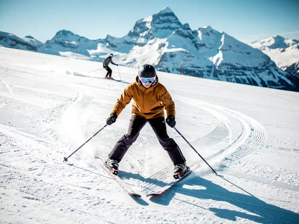 Ski-instructeur demonstreert sneeuwploeghouding met V-vormige ski's op verzorgde beginnersbaan, besneeuwde Alpentopen op de achtergrond.
