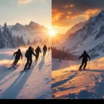 Splitscreen van groepsskiles en privéskiles bij zonsondergang in de Alpen, silhouetten van skiërs op glinsterende sneeuw onder gouden zonlicht.