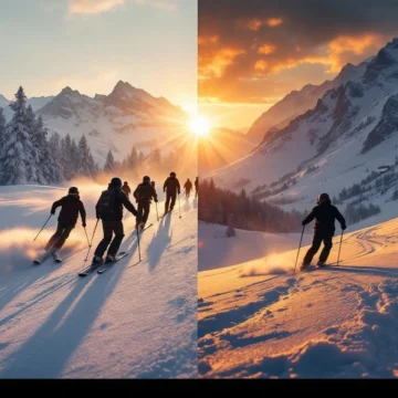 Splitscreen van groepsskiles en privéskiles bij zonsondergang in de Alpen, silhouetten van skiërs op glinsterende sneeuw onder gouden zonlicht.