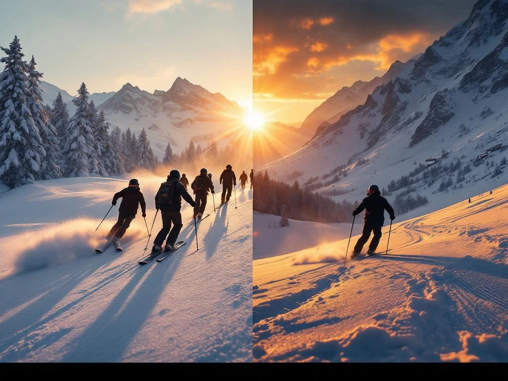 Splitscreen van groepsskiles en privéskiles bij zonsondergang in de Alpen, silhouetten van skiërs op glinsterende sneeuw onder gouden zonlicht.
