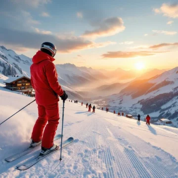 Ski-instructeur in rode outfit geeft les aan kleine groep op zonnige Alpine piste met verse sneeuw en lange schaduwen bij zonsondergang.