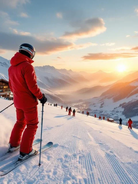 Ski-instructeur in rode outfit geeft les aan kleine groep op zonnige Alpine piste met verse sneeuw en lange schaduwen bij zonsondergang.