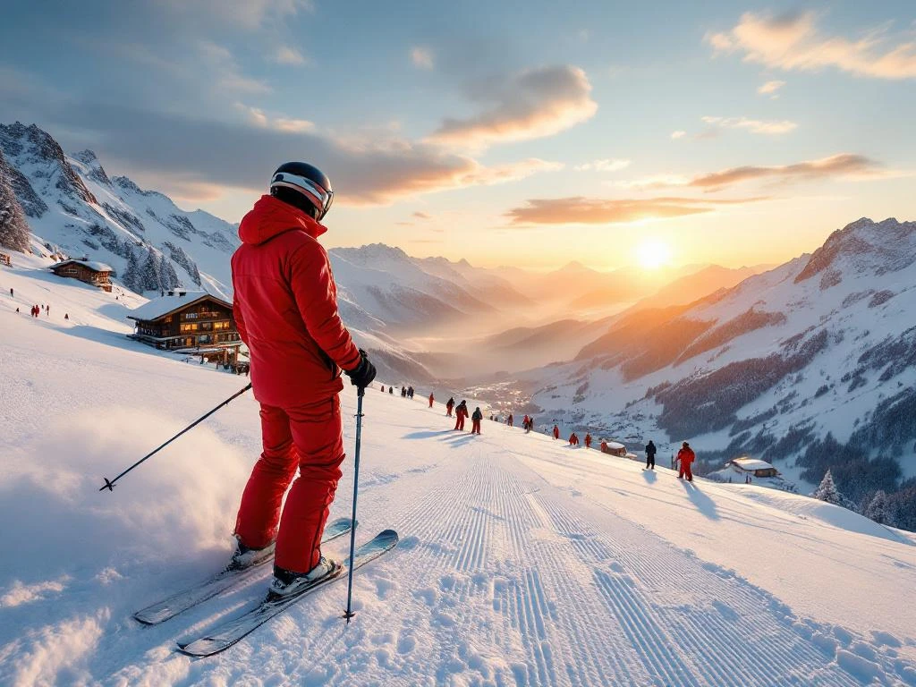 Ski-instructeur in rode outfit geeft les aan kleine groep op zonnige Alpine piste met verse sneeuw en lange schaduwen bij zonsondergang.