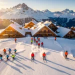 Luchtfoto van Avoriaz skigebied met piramidearchitectuur en skigroepen met instructeurs op besneeuwde hellingen