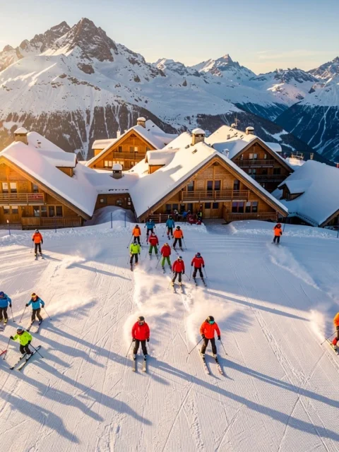 Luchtfoto van Avoriaz skigebied met piramidearchitectuur en skigroepen met instructeurs op besneeuwde hellingen