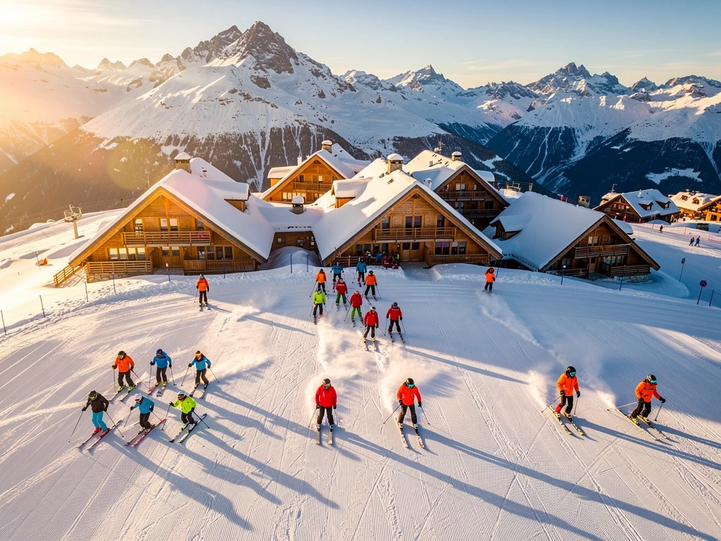 Luchtfoto van Avoriaz skigebied met piramidearchitectuur en skigroepen met instructeurs op besneeuwde hellingen