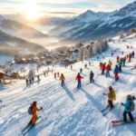 Luchtfoto van skiërs in kleurrijke winterkleding die lessen volgen op de besneeuwde hellingen van Bad Gastein, Oostenrijk