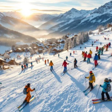 Luchtfoto van skiërs in kleurrijke winterkleding die lessen volgen op de besneeuwde hellingen van Bad Gastein, Oostenrijk