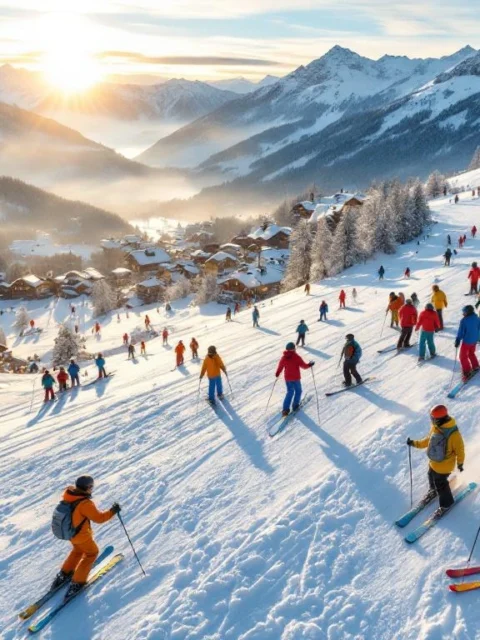 Luchtfoto van skiërs in kleurrijke winterkleding die lessen volgen op de besneeuwde hellingen van Bad Gastein, Oostenrijk