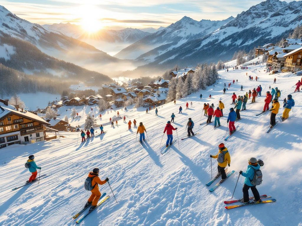Luchtfoto van skiërs in kleurrijke winterkleding die lessen volgen op de besneeuwde hellingen van Bad Gastein, Oostenrijk