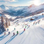 Luchtfoto van Alpine skipistes in Dorfgastein met kleurrijke skigroepen op witte poedersneeuw onder blauwe hemel