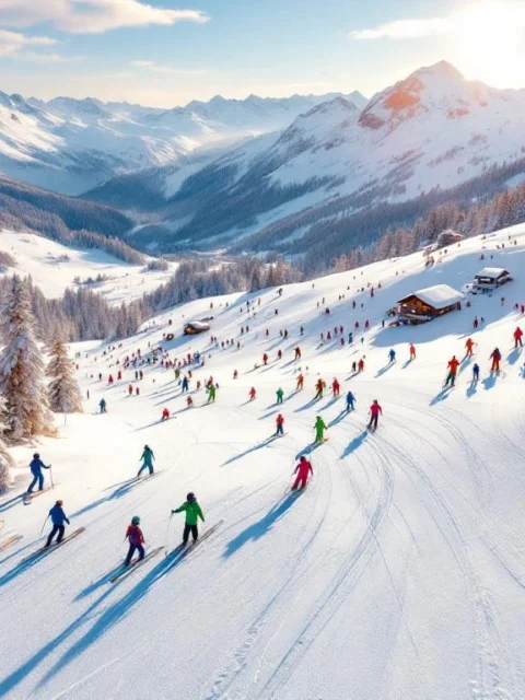 Luchtfoto van Alpine skipistes in Dorfgastein met kleurrijke skigroepen op witte poedersneeuw onder blauwe hemel