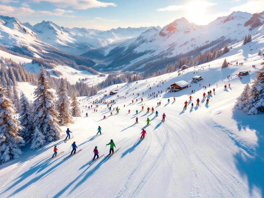 Luchtfoto van Alpine skipistes in Dorfgastein met kleurrijke skigroepen op witte poedersneeuw onder blauwe hemel