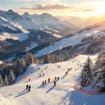 Luchtfoto van skipistes in Hopfgarten im Brixental tijdens gouden uur met skileraren en groepen op verschillende moeilijkheidsgraden