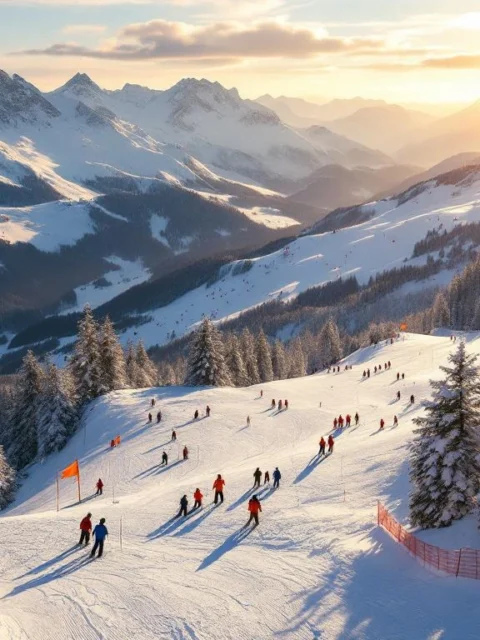 Luchtfoto van skipistes in Hopfgarten im Brixental tijdens gouden uur met skileraren en groepen op verschillende moeilijkheidsgraden
