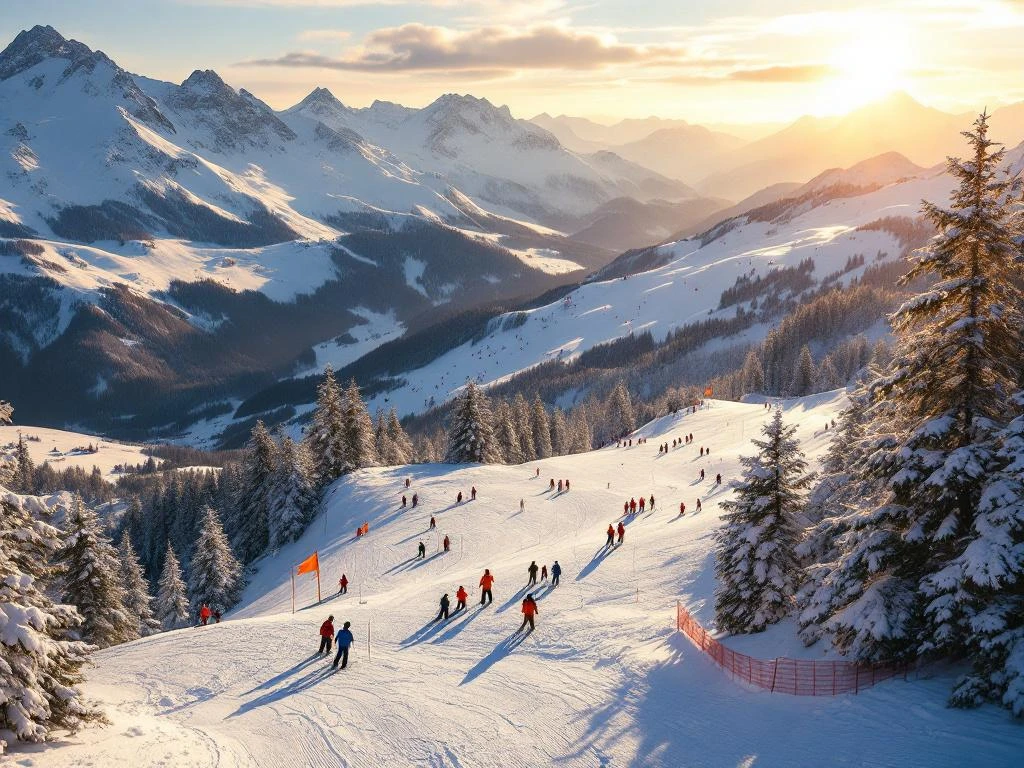 Luchtfoto van skipistes in Hopfgarten im Brixental tijdens gouden uur met skileraren en groepen op verschillende moeilijkheidsgraden