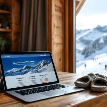Tablet met ski-les boekingswebsite op houten tafel in bergchalet, met handschoenen en skipas ernaast en uitzicht op besneeuwde Alpen met skiërs.