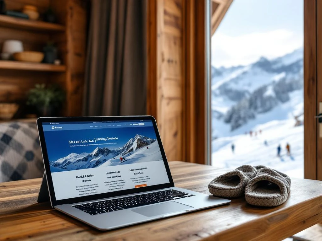 Tablet met ski-les boekingswebsite op houten tafel in bergchalet, met handschoenen en skipas ernaast en uitzicht op besneeuwde Alpen met skiërs.
