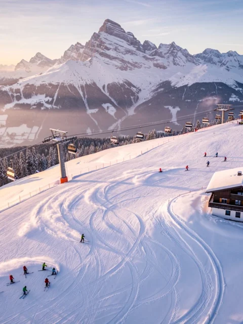 Luchtfoto van skiërs op besneeuwde hellingen in Reith bij Kitzbühel met Kitzbüheler Horn op achtergrond tijdens gouden uur